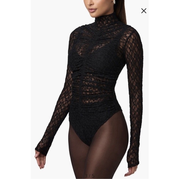 naked wardrobe Tops - NWT Naked Wardrobe Black Lace Sheer Long Sleeve Bodysuit Large Ruched Mock Neck